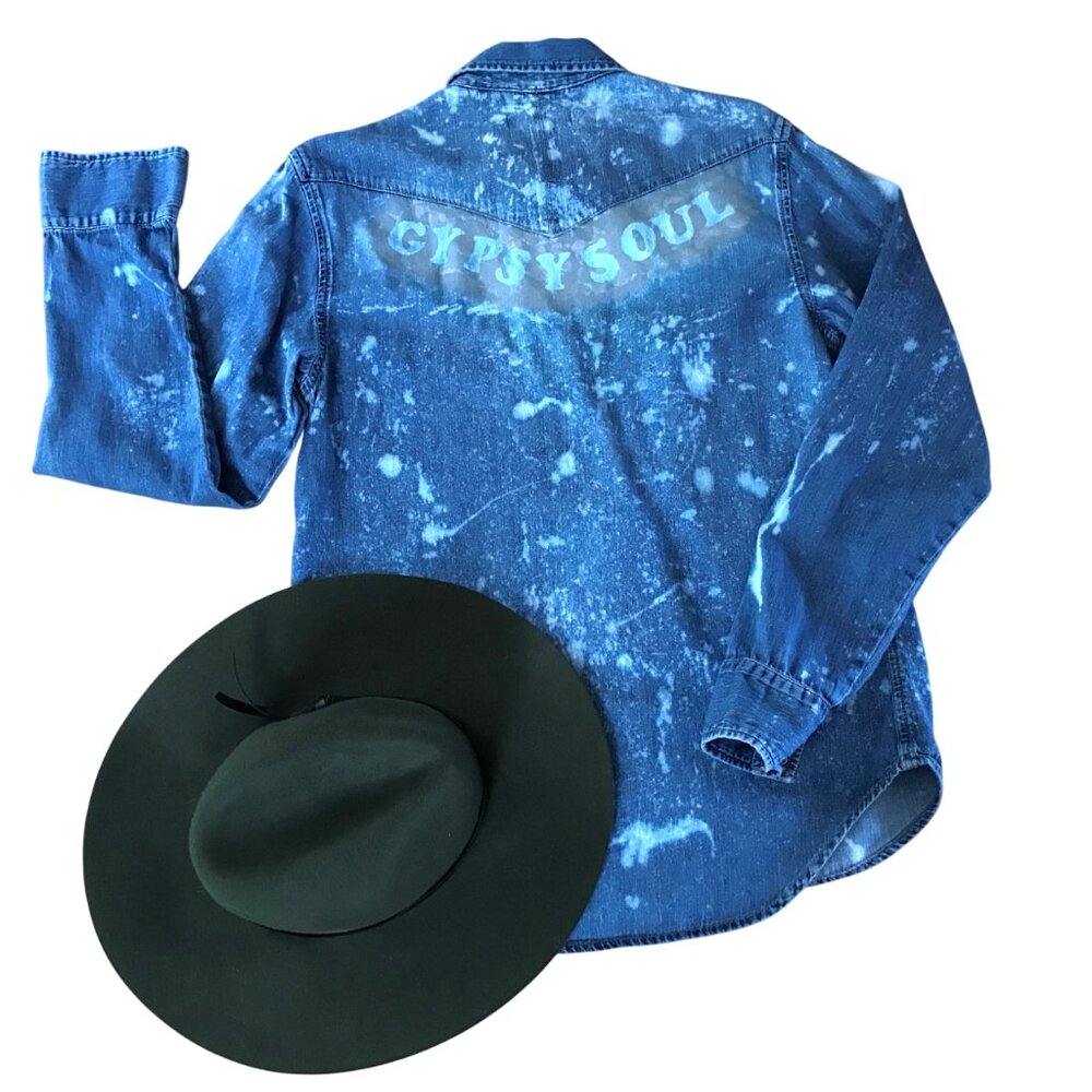 Upcycled Bleach Distressed Denim Shirt, Painted Gypsy Soul Blue Silver Sz Medium